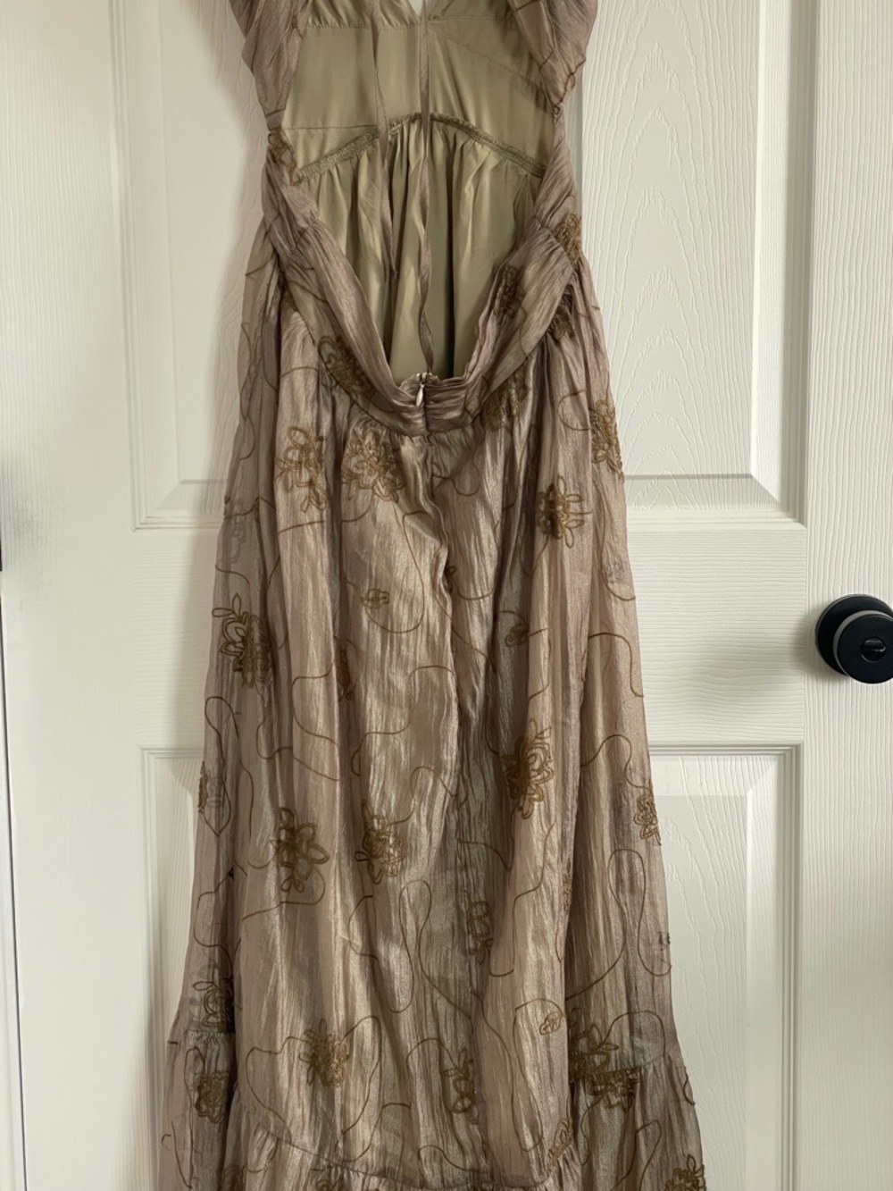 Storia Backless Corset Ruffled Maxi Dress in Olive-Taupe-Gold Wedding Guest READ - Picture 5 of 13